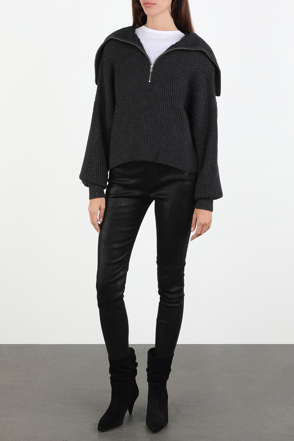 Joanna Front Zip Ribbed Sweater In Smoky Black